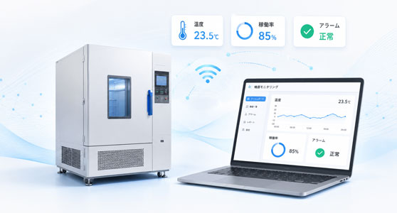 LabWorXと恒温槽の連携イメージ図。離れた場所にある複数拠点の温度状態。試験の進捗を、事務所のPCからネットワーク経由で確認・管理している様子
