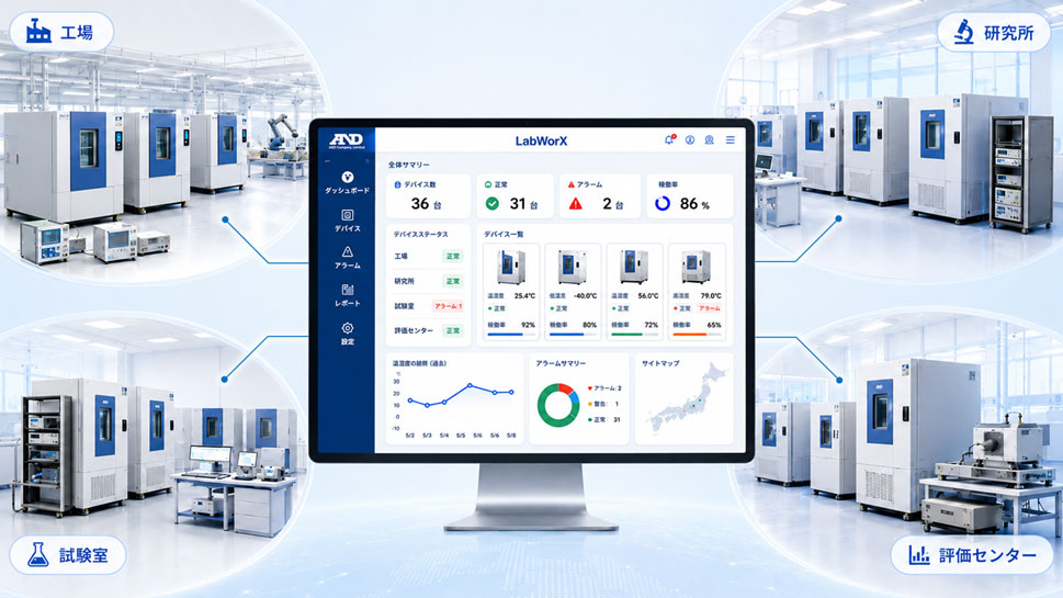 テストベンチ統合管理のシステム構成図。複数拠点の恒温槽が、プラットフォーム「LabWorX」に一元管理され、中央のPCで状況確認ができるイメージ。